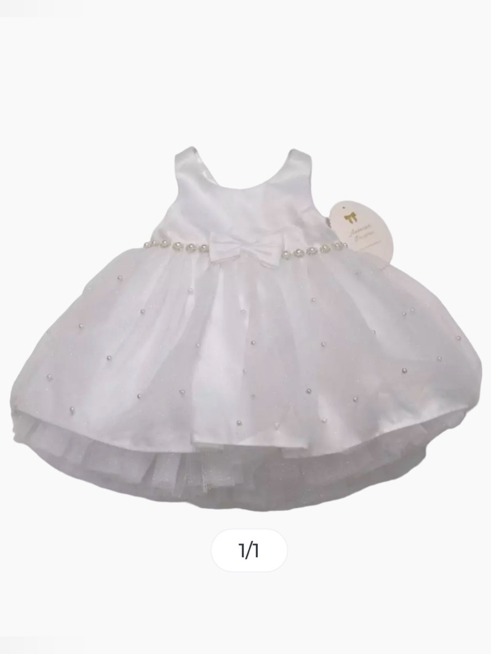 American Princess Ivory Satin Baby Dress with Pearl Embellished Waist